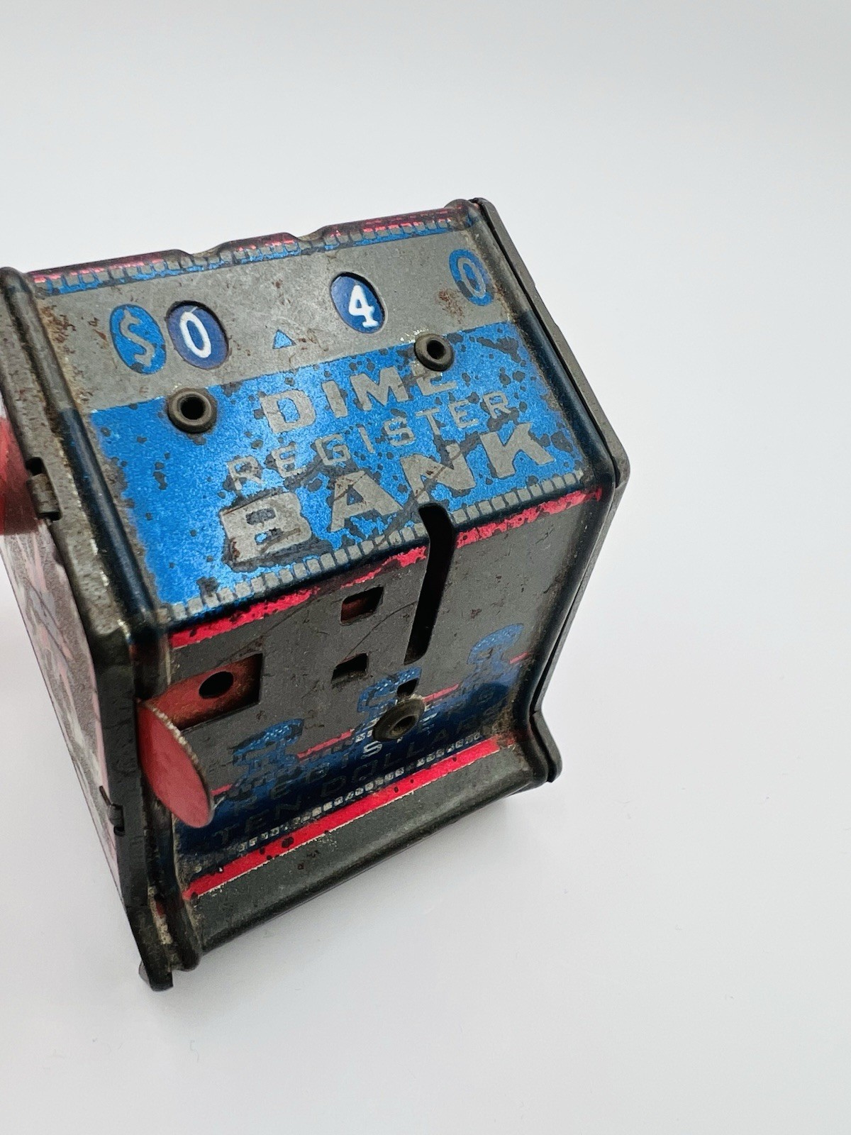 как выглядит Vintage J.Chein Co. Tin Litho Dime Register Bank, Registers Ten Dollars фото