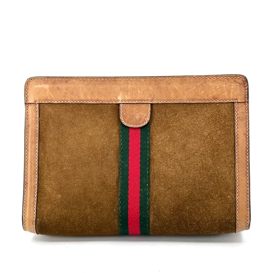 Gucci Suede Leather Clutch Bag Sherry Line Stripe Brown Vintage Authentic - Image 3 of 4