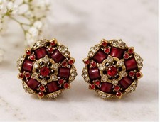 Red & Gold Floral Earrings with Rhinestones a...
