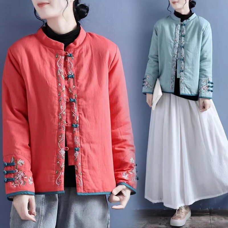 Women Ethnic Style Coat Quilted Jacket Top Floral Embroidery Frog Buttons
