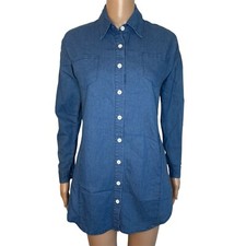 Solid Blue Denim Button Down Long Sleeve Collared Top w/ Pockets Shirt