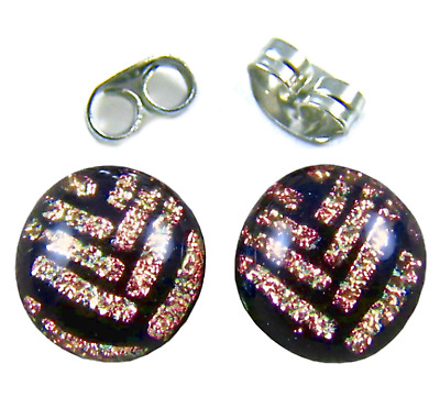 DICHROIC Glass Earrings Round Purple Violet Striped Texture Post 1//4/" 10mm STUDS