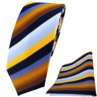 Schmale Tigertie Krawatte + Einstecktuch Gelb Orange Kupfer Blau Gestreift