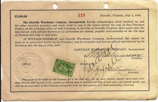 Danville Tobacco Warehouse $1000 bond 1933 Front with $1 stamp State of Virginia