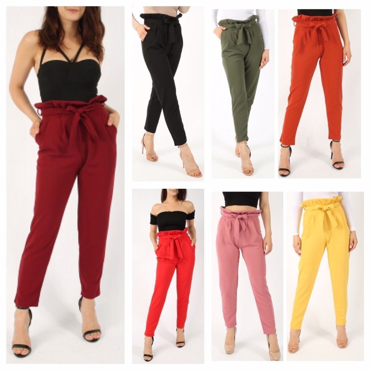 WOMEN LADIES PAPER BAG TIE WAIST BELT CIGARETTE SLIM FIT TROUSERS