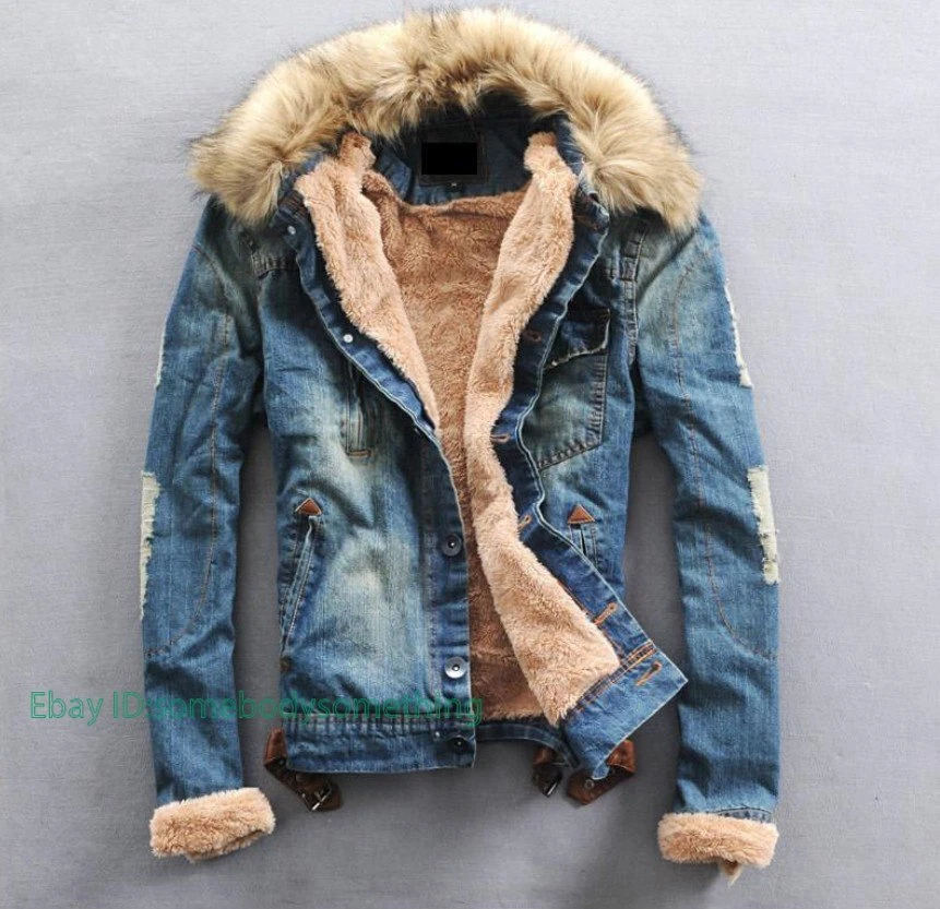 Men Winter Faux Fur Collar Lining Denim Jeans Jacket Denim Outwear