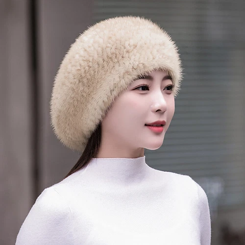 Women's Real Mink Fur Hat Beret Warm Beanie Cap Headwear Winter Brown Wine Black - Picture 7 of 27