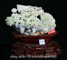 10" Natural Chinese Marked Xiu Jade Carving Mountain House Tree Sculpture Statue