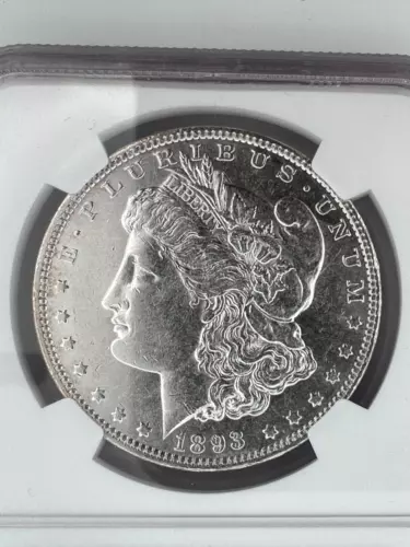 1893 p Morgan Silver Dollar, Key Date, Mint Error, Reverse Struck Thru, NGC AU50