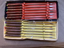 Vintage MCM Stainless Steel Fondue Forks Teak Wood Handle 11-1/4 NOS Set of 12