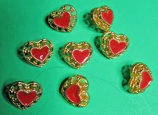 (8) VINTAGE JHB 1/2" HEART-SHAPE RED w/GOLD BORDER PLASTIC SHANK BUTTONS-L851