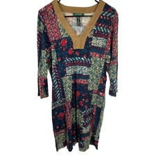 Lauren Ralph Lauren Faux Suede Trim V Neck Multi Print Sheath Cotton Dress Sz L