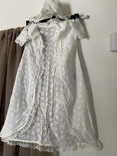 VINTAGE BABY INFANT WHITE EMBROIDERED COTTON LONG ROBE w CAP HANDMADE