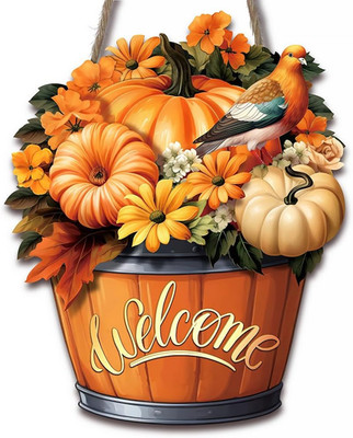 Fall Decorations Flowers Pumpkins Basket Welcome Door Hanging Sign Gift