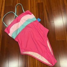 New NWT Cupshe Pink Teal Striped One-Piece Swimsuit Spaghetti Straps Beach Sz M