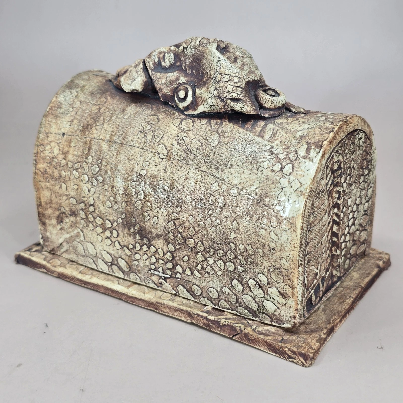 Art Pottery Covered Butter Dish Artisan Signed Reptile Scale & Pattern