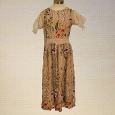 Floral Embroidered Mesh Midi Dress Handmade Beige Sheer Tassel Sleeve XS-S