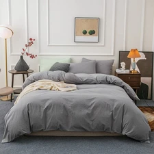 Washed Cotton Duvet Cover King Ultra Soft 100% Solid Color Light Grey Set with