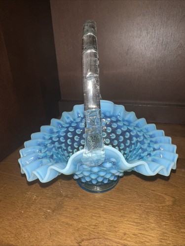 Fenton Art Glass Basket Blue Opalescent Hobnail Crimped Handle Vintage 8” - Picture 3 of 8