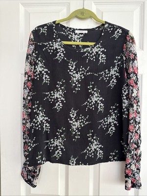 Equipment Femme Navy White Long-sleeve Silk Flowered Blouse  size M