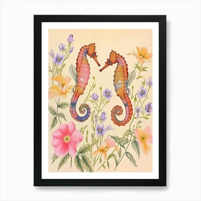 Folksy Floral Animal Drawing Seahor Framed Wall Art Poster Canvas Print Picture