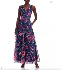 Eliza J. Navy Blue Pink Floral Appliqué Formal Fit Flare Formal Gown Dress Nwt 6