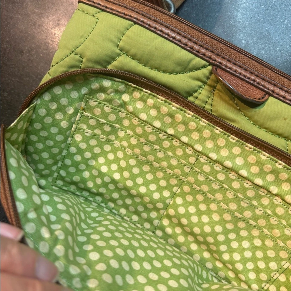 Fossil Key-Per Olive Green Quilted Floral Crossbody Bag with Polka Dot Lining - Image 3 of 4