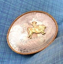 Western Bull Rider Belt Buckle Rodeo Cowboy Floral Scroll Rope Vtg 80s .BLT190