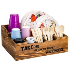 Rustic Wood 8 Compartment Paper Plate Organizer Utensil Dispenser Caddy