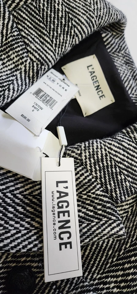 Jaqueta Blazer L’AGENCE Herringbone Peito Duplo Preto Branco Algodão, Tamanho 4 - Imagem 2 de 4