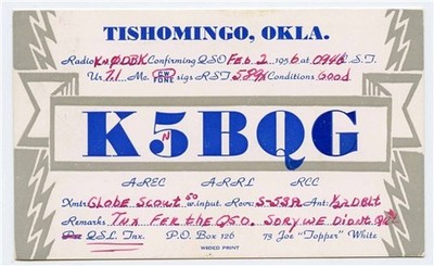 K5BQG QSL Card Tishomingo Oklahoma 1956