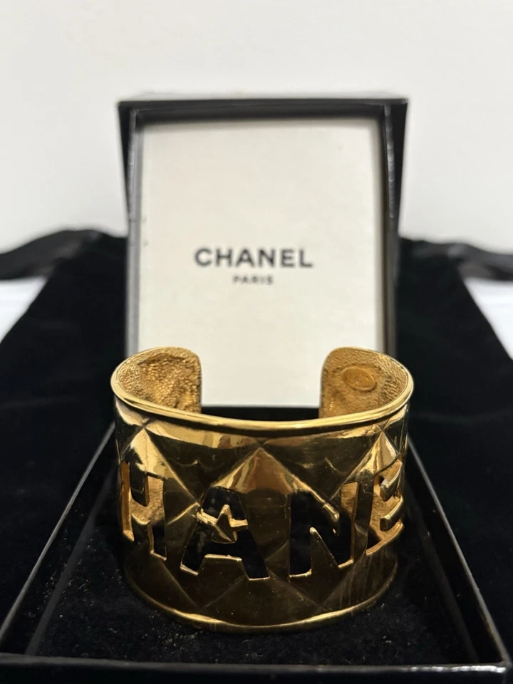 Vintage Chanel Gold-Plated Brass Cuff Bracelet with Bold Cut-Out Logo - Image 4 of 4