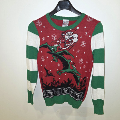 Ugly Christmas Sweater Terradactyl and Santa Lights Up Size Medium Green & Red