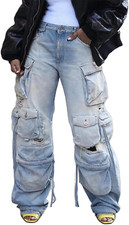 Cargo Jeans for Women Y2K High Waisted Baggy Jeans Straight Wide Leg Cargo Pants