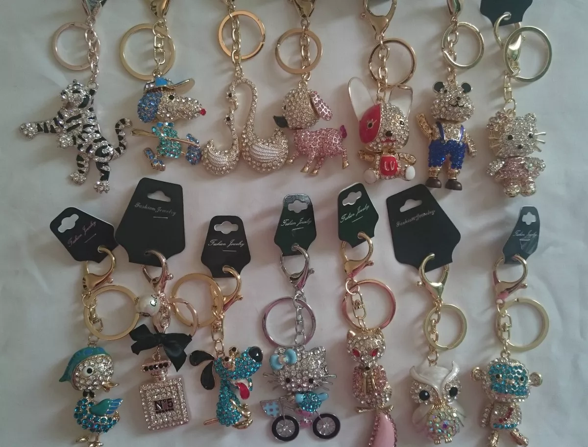 Wholesale job lot of 100 Metal Gold Silver key rings crystal bling