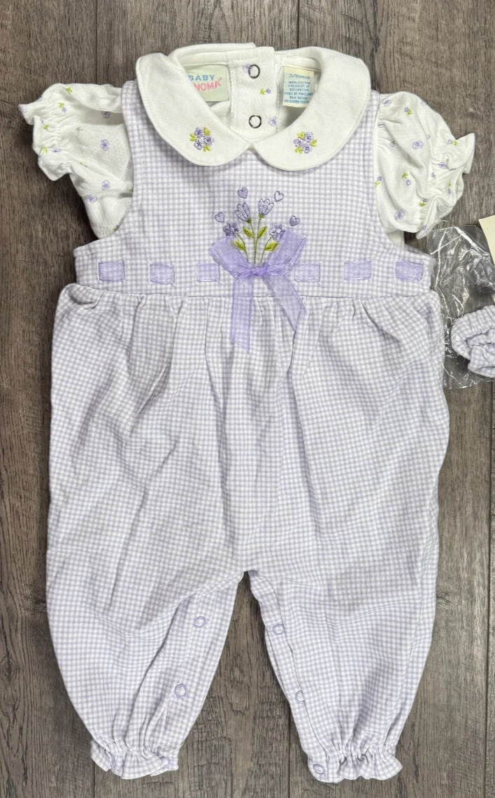 Baby Girl Clothes New Vintage Baby Sonoma 3-6 Month 3pc Purple Overalls Outfit