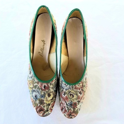 Vintage Heels Pumps Floral Tapestry Green Patent Trim Womens 7-1/2 Bellecraft - Picture 5 of 18