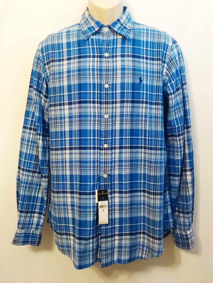 NWT Polo Ralph Lauren Blue Plaid Gingham Mens Long Sleeve Shirt MSRP $125 (0009)