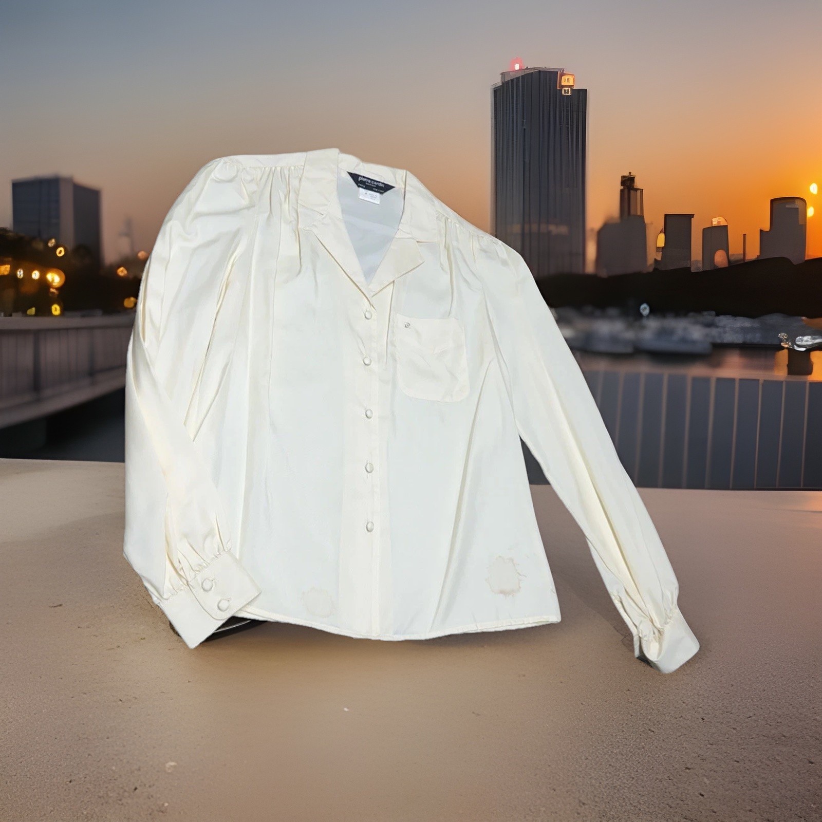 VTG 80s Pierre Cardin Boutique Cream Blouse Silk-Alike Pleated Shoulder Sz 8 NWT