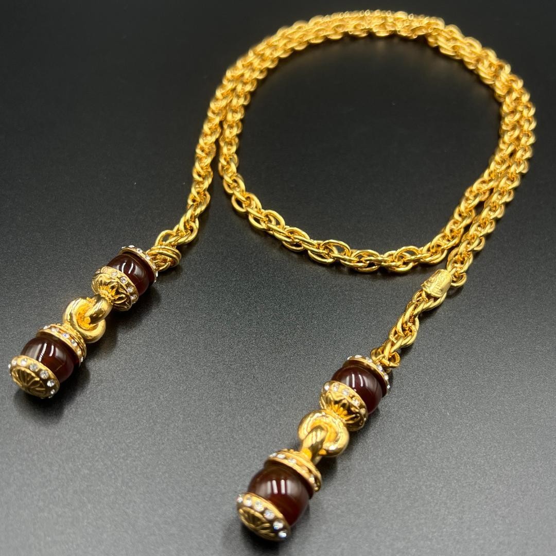 Chanel Vintage Gold Gripore Necklace Brown Stone Used
