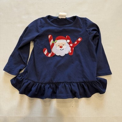 Christmas Shirt Girls 18 M Joy Santa Rare Too Brand Navy Candy Cane Ruffled