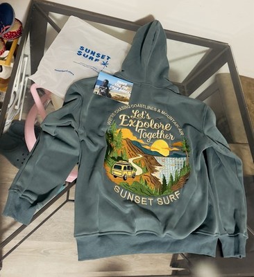 Sunset Surf Women's Green Pullover Hoodie Let's Explore Together Graphic