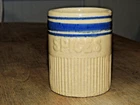 Atq. 1920s HULL Pottery 3-1/2" Blue Band Glazed Yellow Ware SPICE Jar, Canister