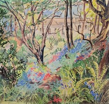 Ivy Attwell (1895–1985) Watercolour of a lush garden scene with distant building