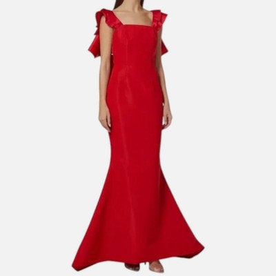 Alexia María Women's Red Silk Ruffled Bow Square Neck Amelie Dress Size 10