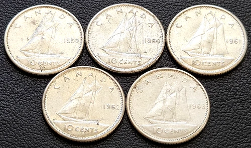1959 to 1963 Canada Silver 10-Cent Dimes - 80% Silver Coins