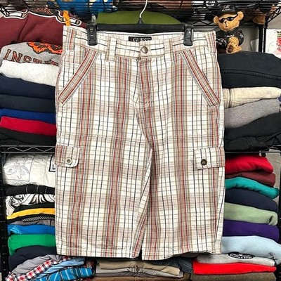 Y2K Guess Jeans Green Plaid Cargo Skater Grunge Baggy Shorts FITS 34x15