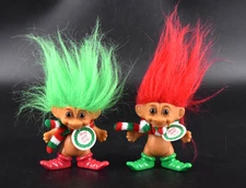 VTG Russ Set of 2 Troll Doll Christmas Elves with Scarves and Orig Tags 3"