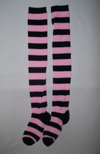 Tween girls striped thigh high socks pink  black nip