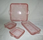 4 pc Vintage Jeannette DORIC Relish Tray Dish Set, Pink Depression Glass